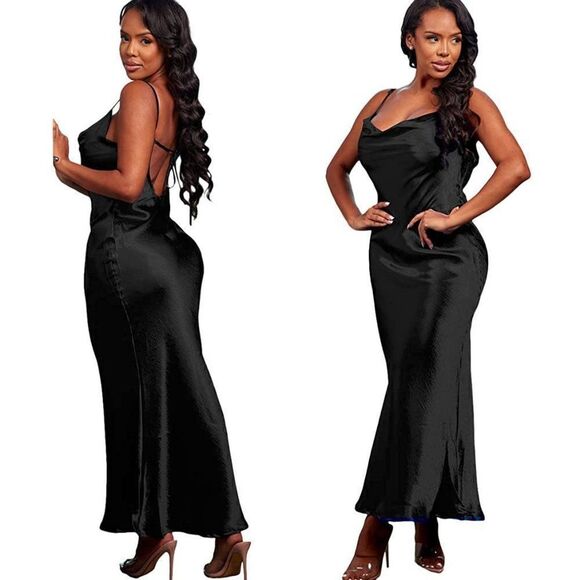 Satin Spaghetti Strap Cowl Neck Backless Tie Rope Mermaid Green Black Dress XXL - Picture 5 of 8